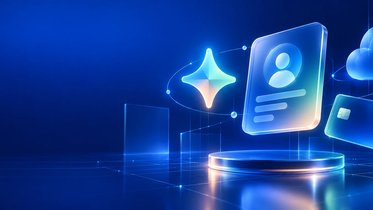 Premium blue and mint illustration of Google account access, a Gemini-style sparkle and secure Stripe checkout