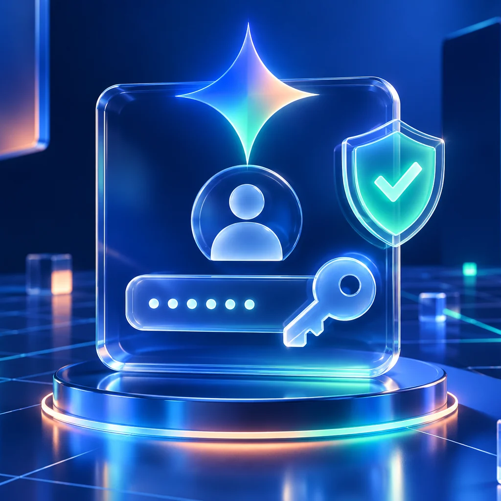 Premium blue glass account card with a glowing verification check